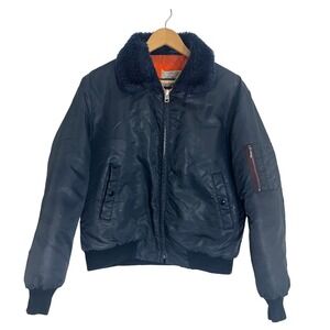Vintage Sears Work Leisure Men's Navy Bomber Jacket Faux Fur Collar Aviator